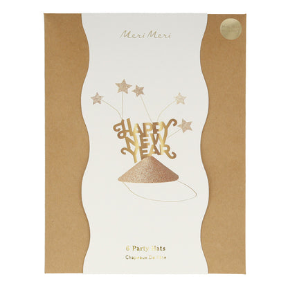 Meri Meri Party Hats with Gold Glitter, Happy New Year - Set of 6.