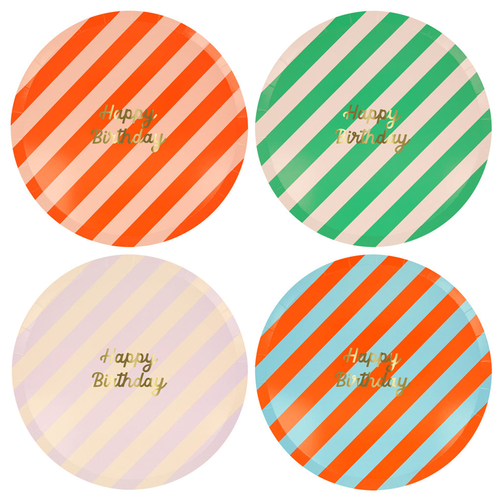 Meri Meri Paper Plates, Size L, Striped Happy Birthday - Set of 8