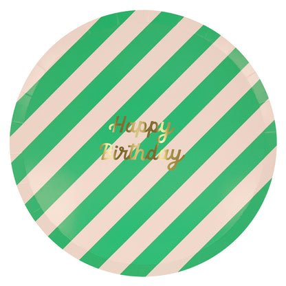 Meri Meri Paper Plates, Size L, Striped Happy Birthday - Set of 8