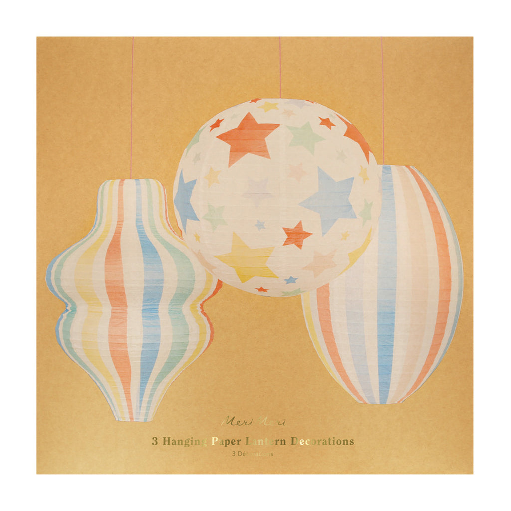 Meri Meri Paper Lanterns in Rice Paper, Stars and Stripes, Set of 3 - NO LIGHT SOURCE INCLUDED
