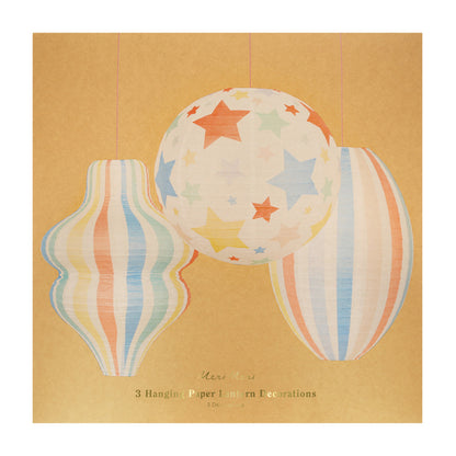 Meri Meri Paper Lanterns in Rice Paper, Stars and Stripes, Set of 3 - NO LIGHT SOURCE INCLUDED