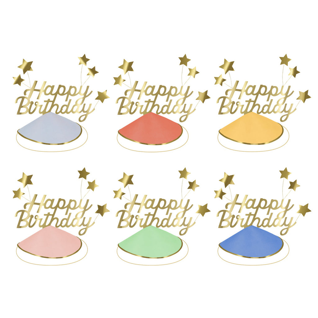 Meri Meri Party Hats, Happy Birthday &amp; Foil Star Party Hats - Set of 6