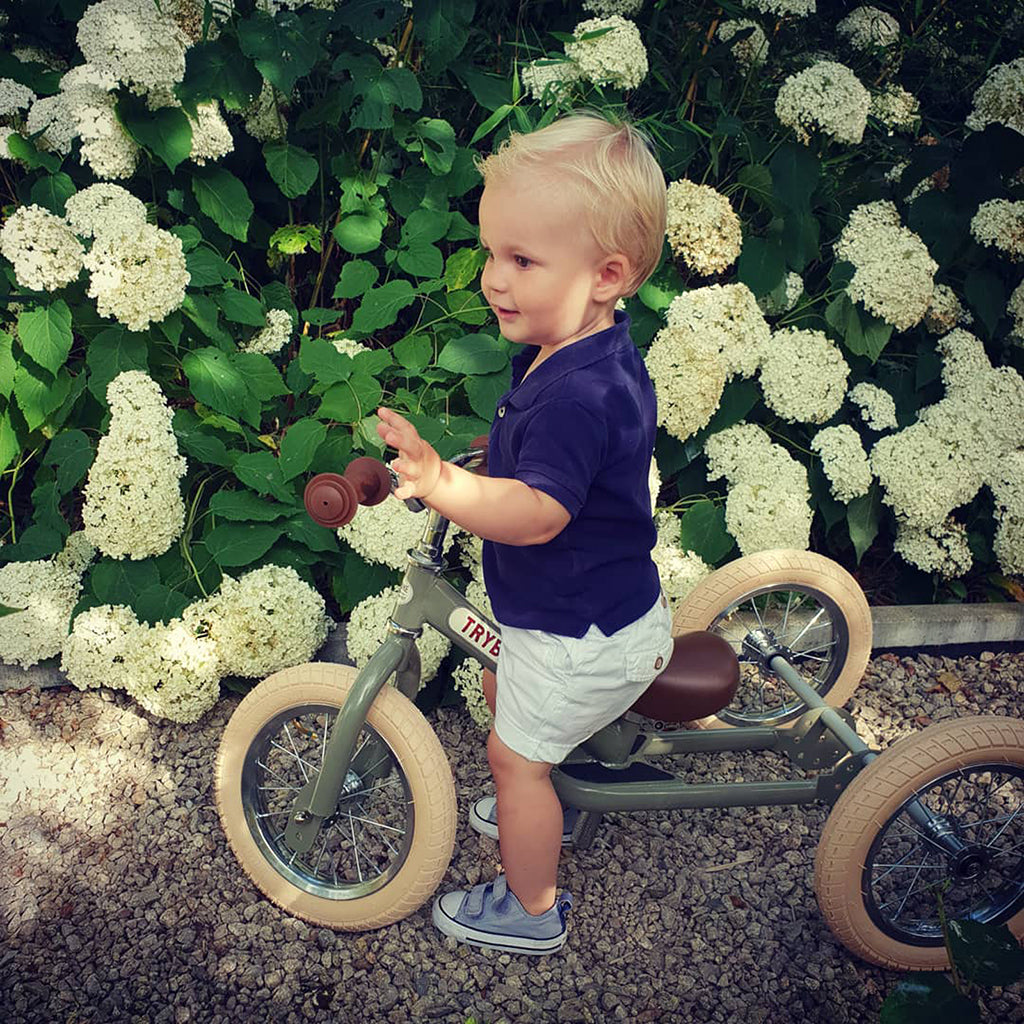 Trybike Tricycle Balance Bike, Vintage Green with Retro Look