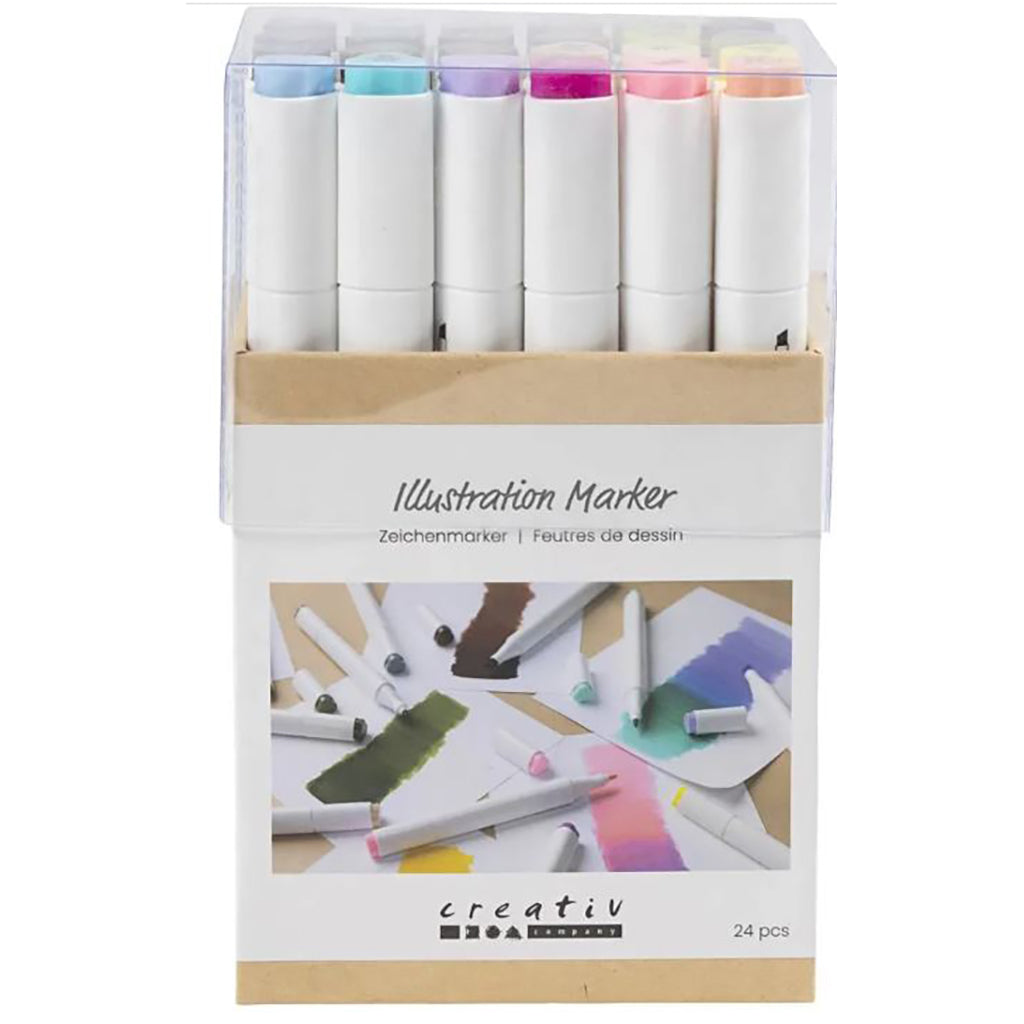 Illustration Markers, Dual Tip, 1mm + 8mm Line, Set of 24 - Pastel and Standard Colors