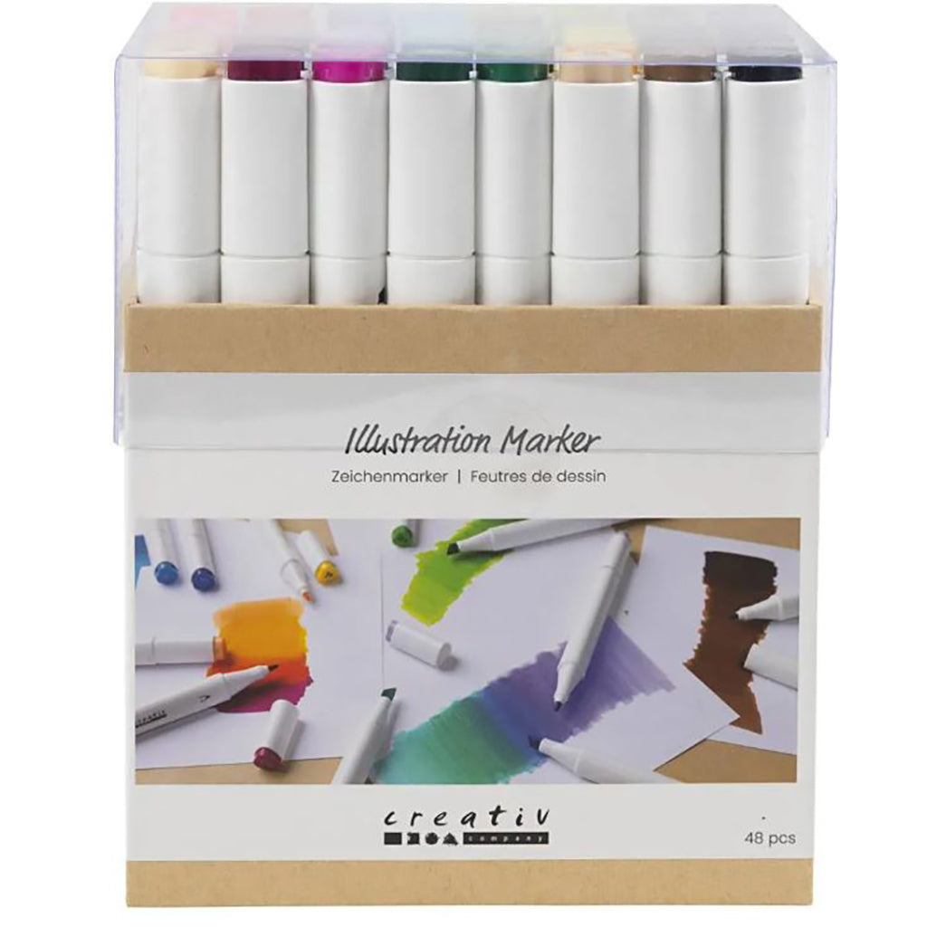 Illustration Markers, Double-Ended, 1mm + 8mm Tips, 48 Pieces - Standard Colors
