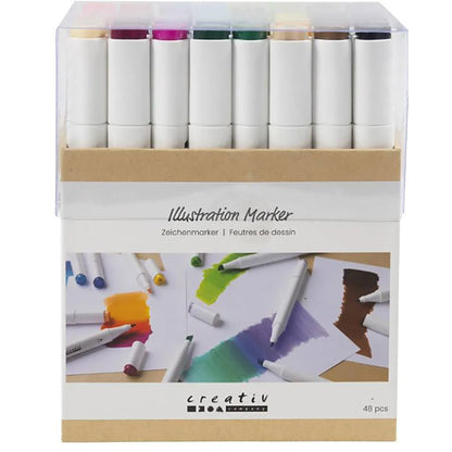 Illustration Markers, Double-Ended, 1mm + 8mm Tips, 48 Pieces - Standard Colors