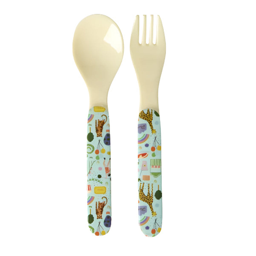 Rice Melamine Baby Spoon and Fork Set, Mint - Fun Fair Print