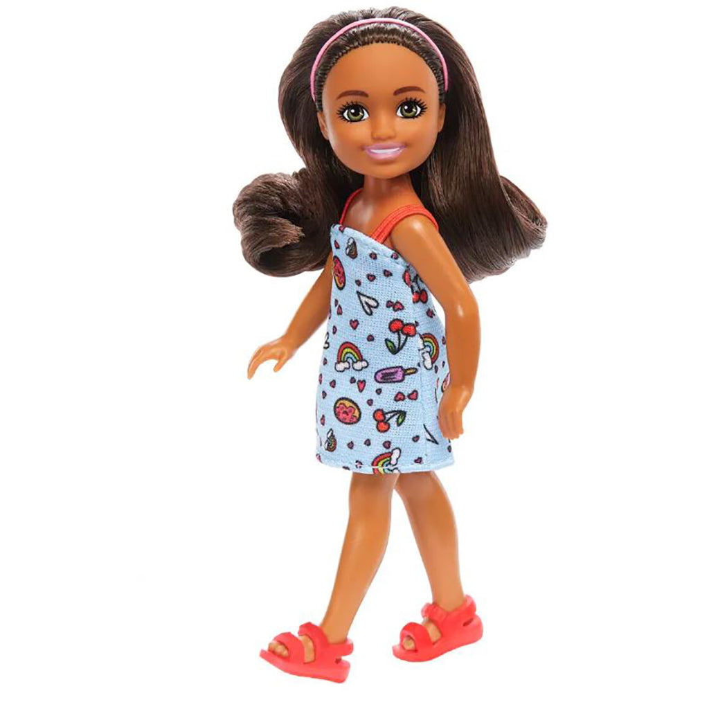 Barbie Chelsea Doll, Brown Hair and Dress with Rainbows