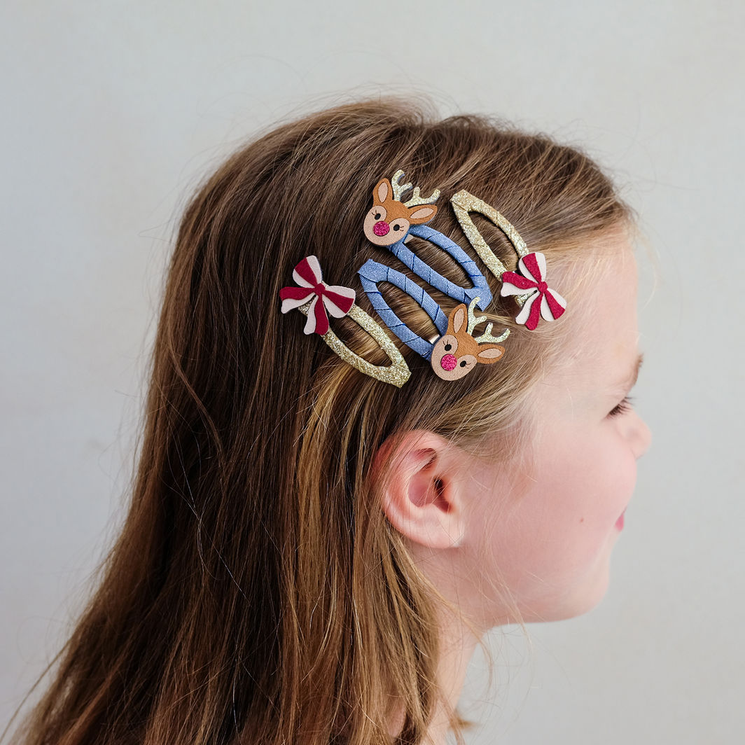 Mimi &amp; Lula - 4 Hair Clips - Rudolph and Bow Christmas
