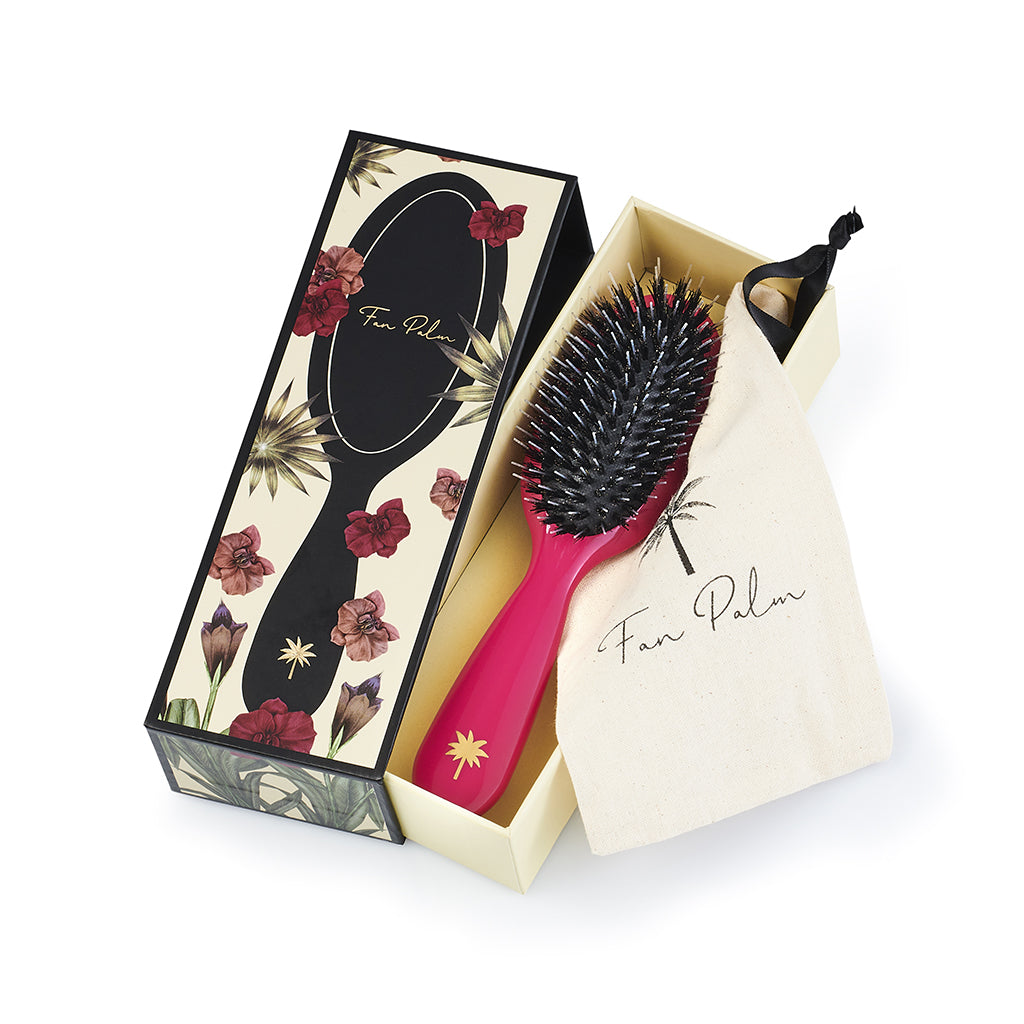Fan Palm Hairbrush, Boar and Nylon Brushes, Sweet Pea - Hot Pink