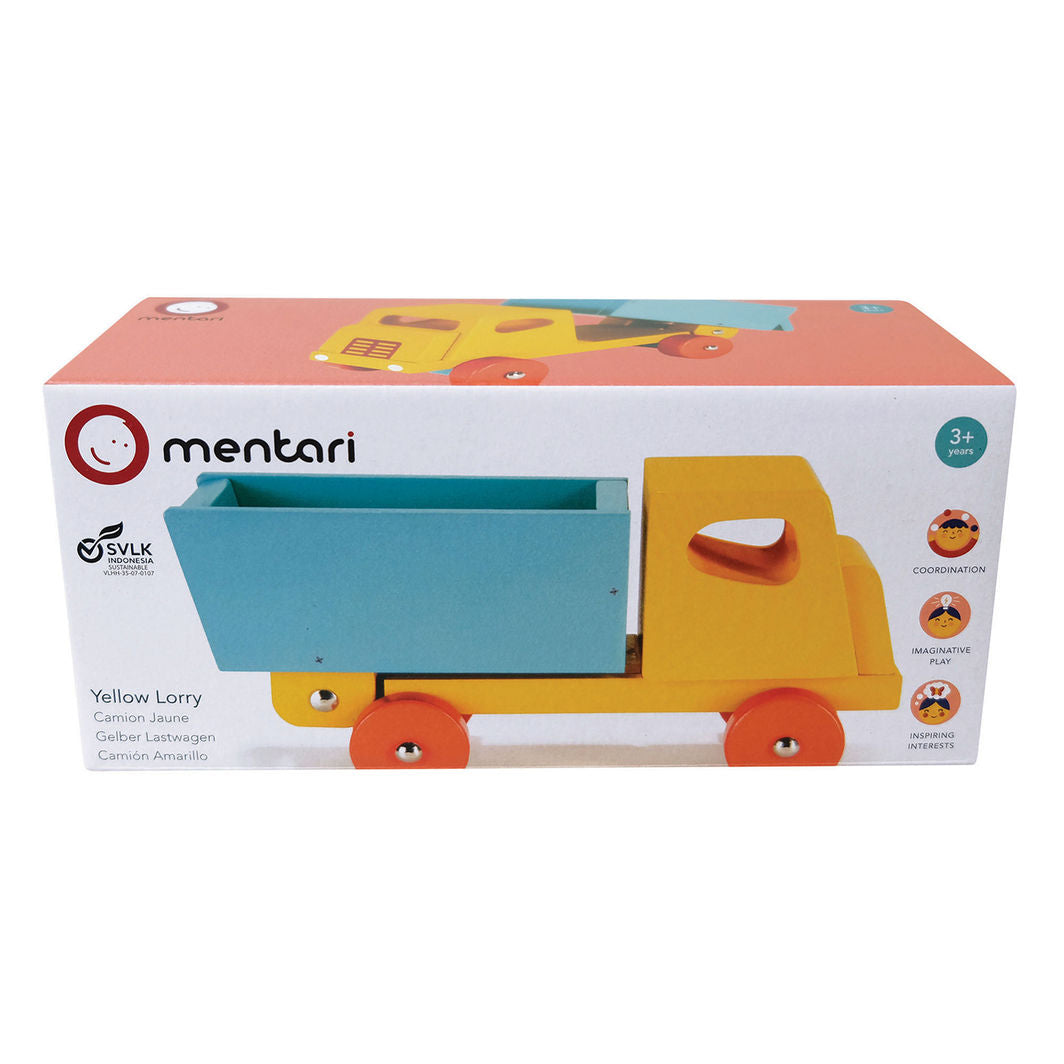 Mentari Wooden Toy Car, Yellow Truck with Tipping Bed