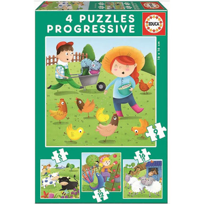 Educa Puzzle Set, 4 Farm Animal Puzzles - 6, 9, 12, and 16 Pieces