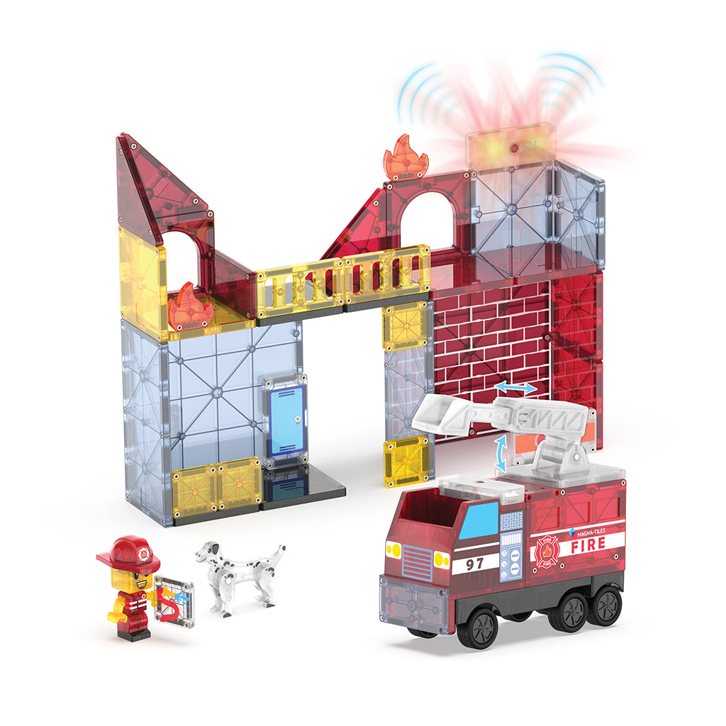 Magna-Tiles Magnetic Building Set, Fire Station with Lights and Sounds - 50 Pieces