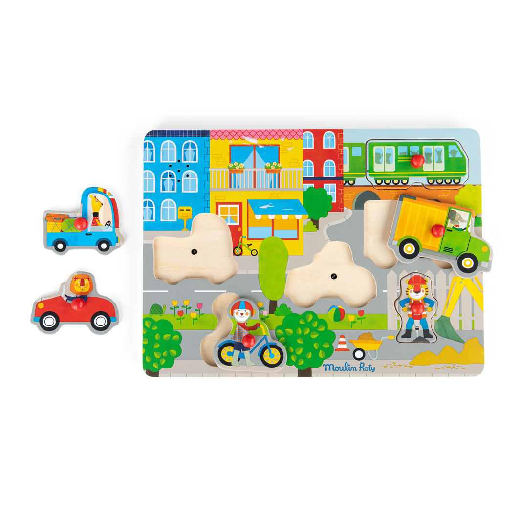 Moulin Roty - Knob Puzzle with Sound, 6 pcs - City - Les Popipop