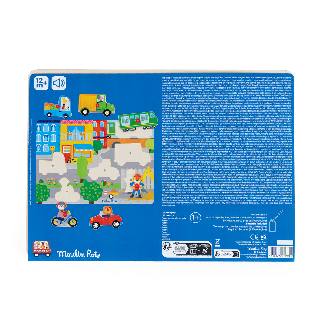 Moulin Roty - Knob Puzzle with Sound, 6 pcs - City - Les Popipop
