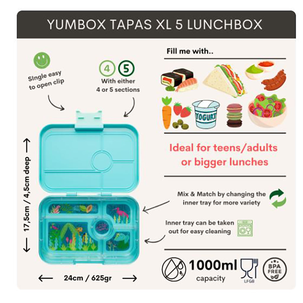 Yumbox XL Lunch Box with 5 Compartments, Tapas - Jungle/Pastel Blue
