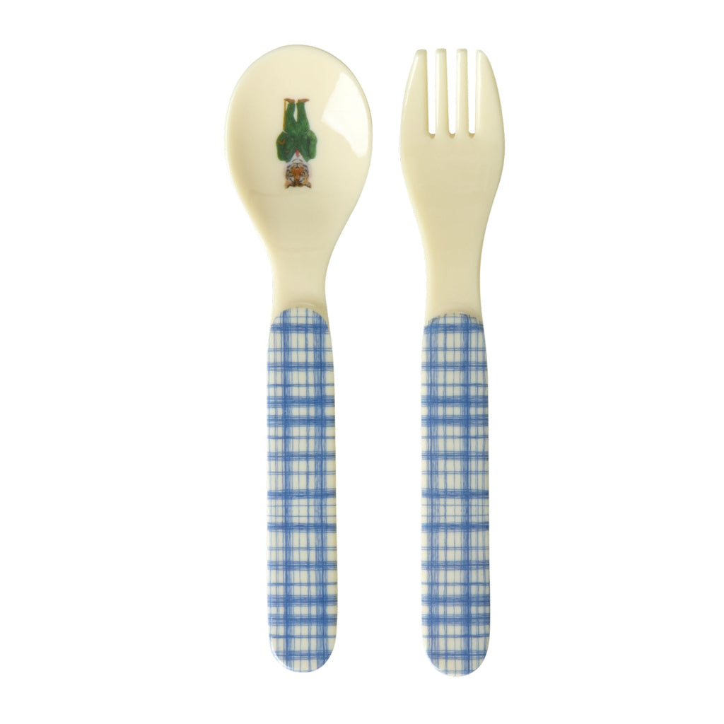 Rice Baby Spoon and Fork Set in Melamine, Blue - Nathalie Lété Print