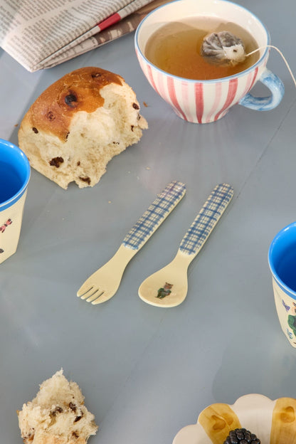 Rice Baby Spoon and Fork Set in Melamine, Blue - Nathalie Lété Print