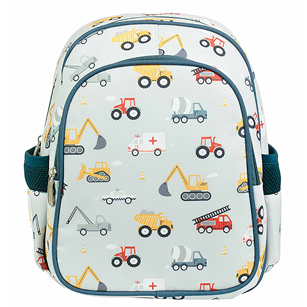 A Little Lovely Company Backpack, Insulated Front Pocket - Light Blue with Vehicles