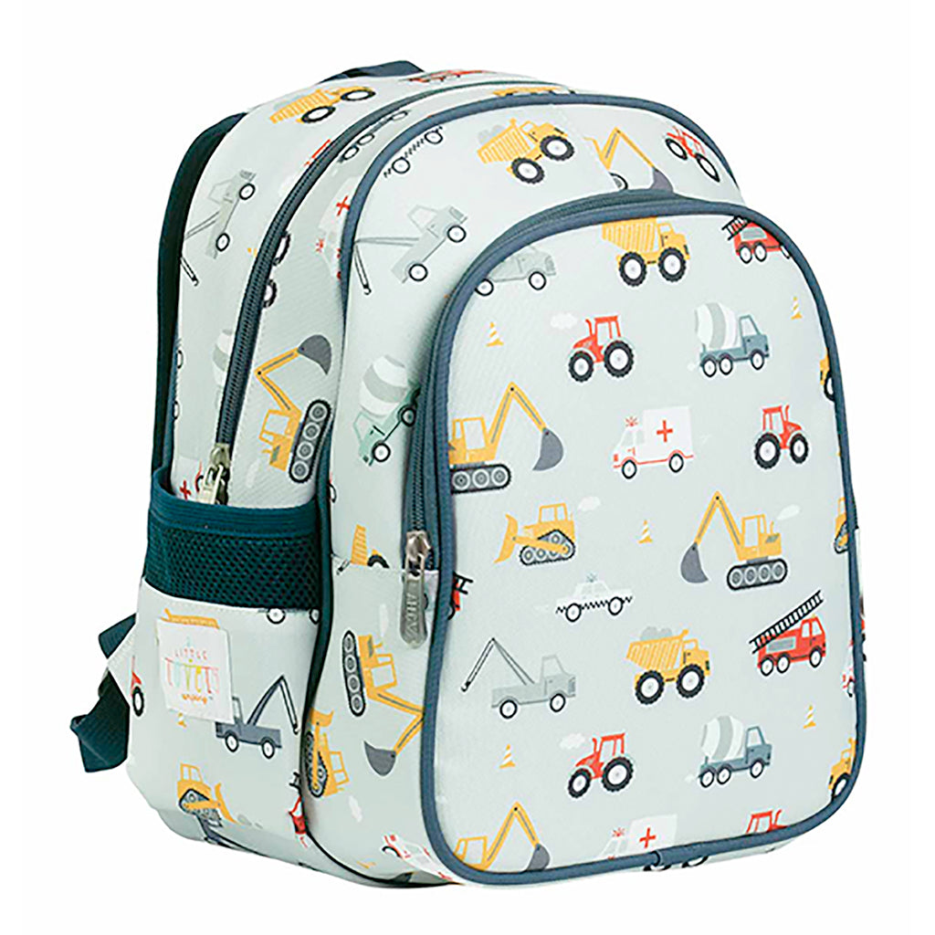 A Little Lovely Company Backpack, Insulated Front Pocket - Light Blue with Vehicles