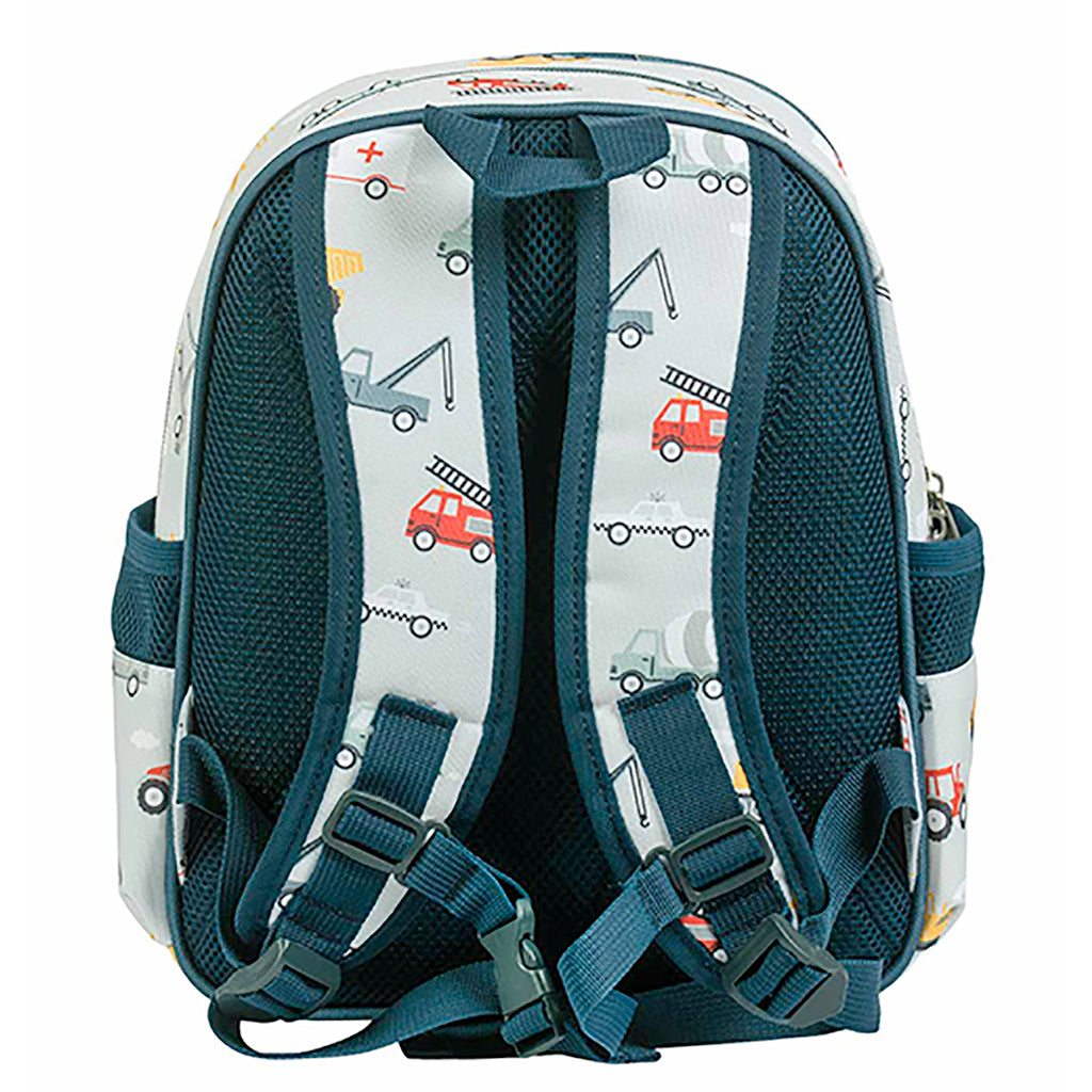 A Little Lovely Company Backpack, Insulated Front Pocket - Light Blue with Vehicles