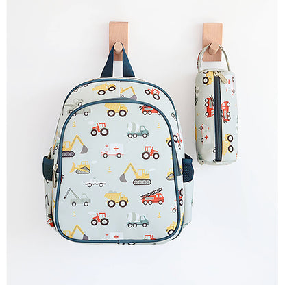 A Little Lovely Company Backpack, Insulated Front Pocket - Light Blue with Vehicles