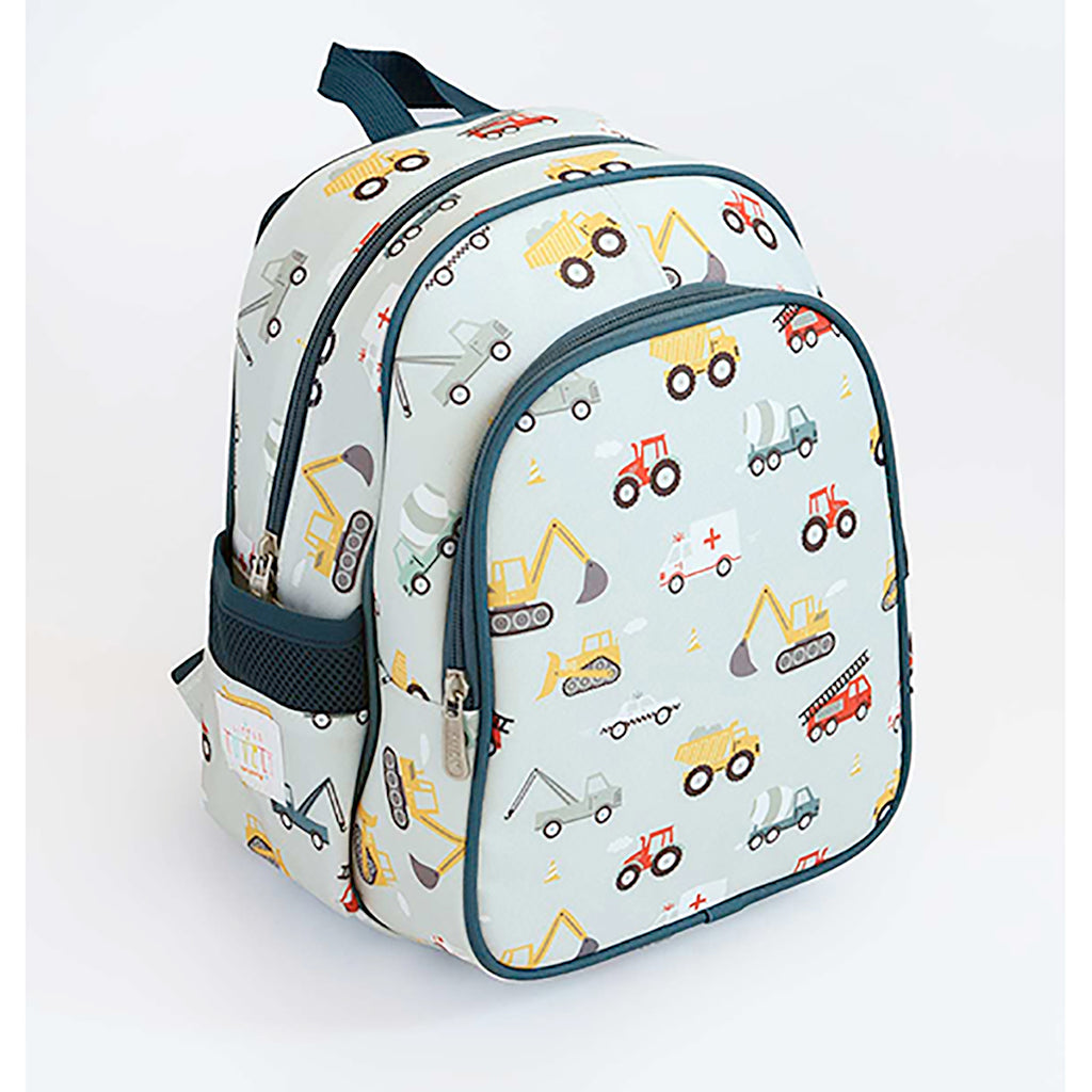 A Little Lovely Company Backpack, Insulated Front Pocket - Light Blue with Vehicles