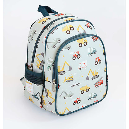 A Little Lovely Company Backpack, Insulated Front Pocket - Light Blue with Vehicles