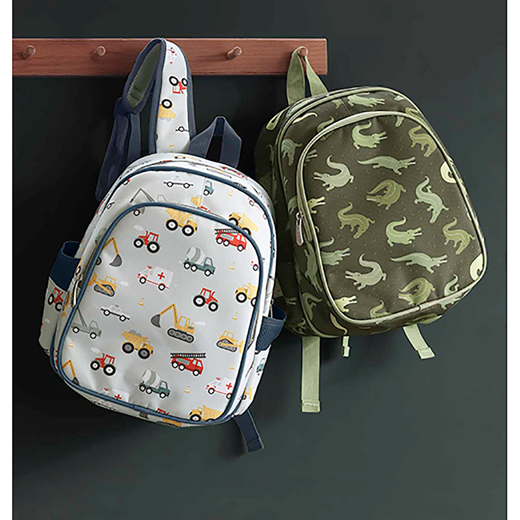 A Little Lovely Company Backpack, Insulated Front Pocket - Light Blue with Vehicles