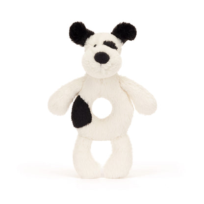Baby Jellycat ring rangle, Hund, sort/creme - 15 cm 