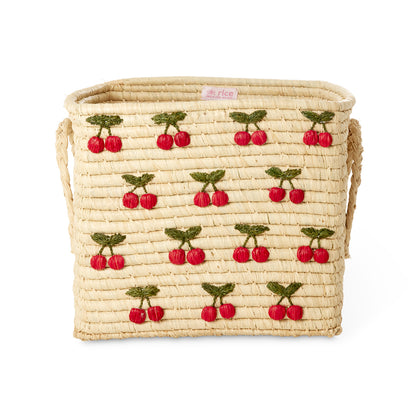 Natural Rice Basket with Small Cherry Embroideries