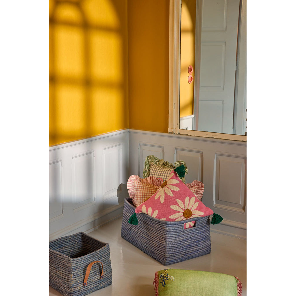 Rice Extra Large Rectangular Raffia Basket with Handles – Blue