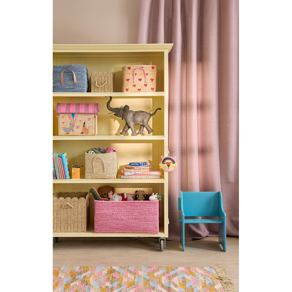 Rice Basket with Handles, Extra Large, Rectangular Raffia Storage Basket - Pink