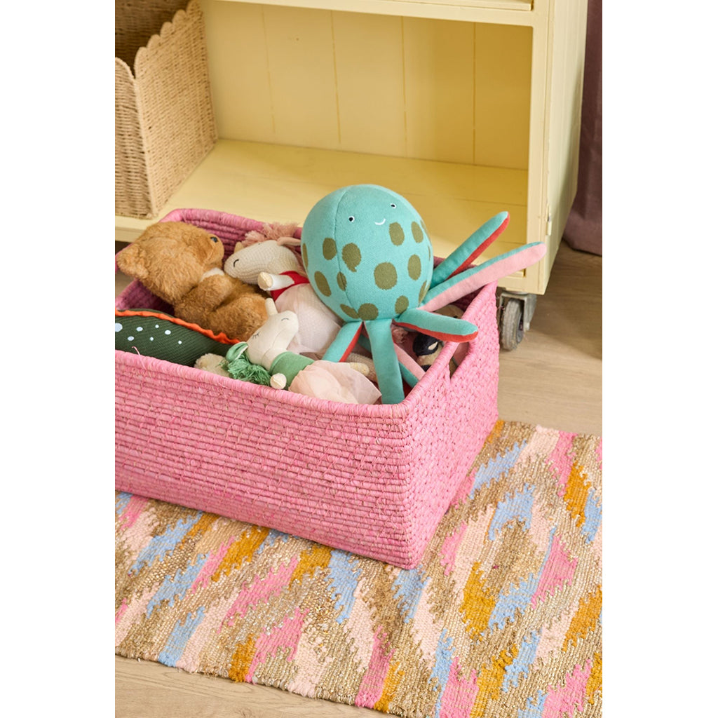 Rice Basket with Handles, Extra Large, Rectangular Raffia Storage Basket - Pink