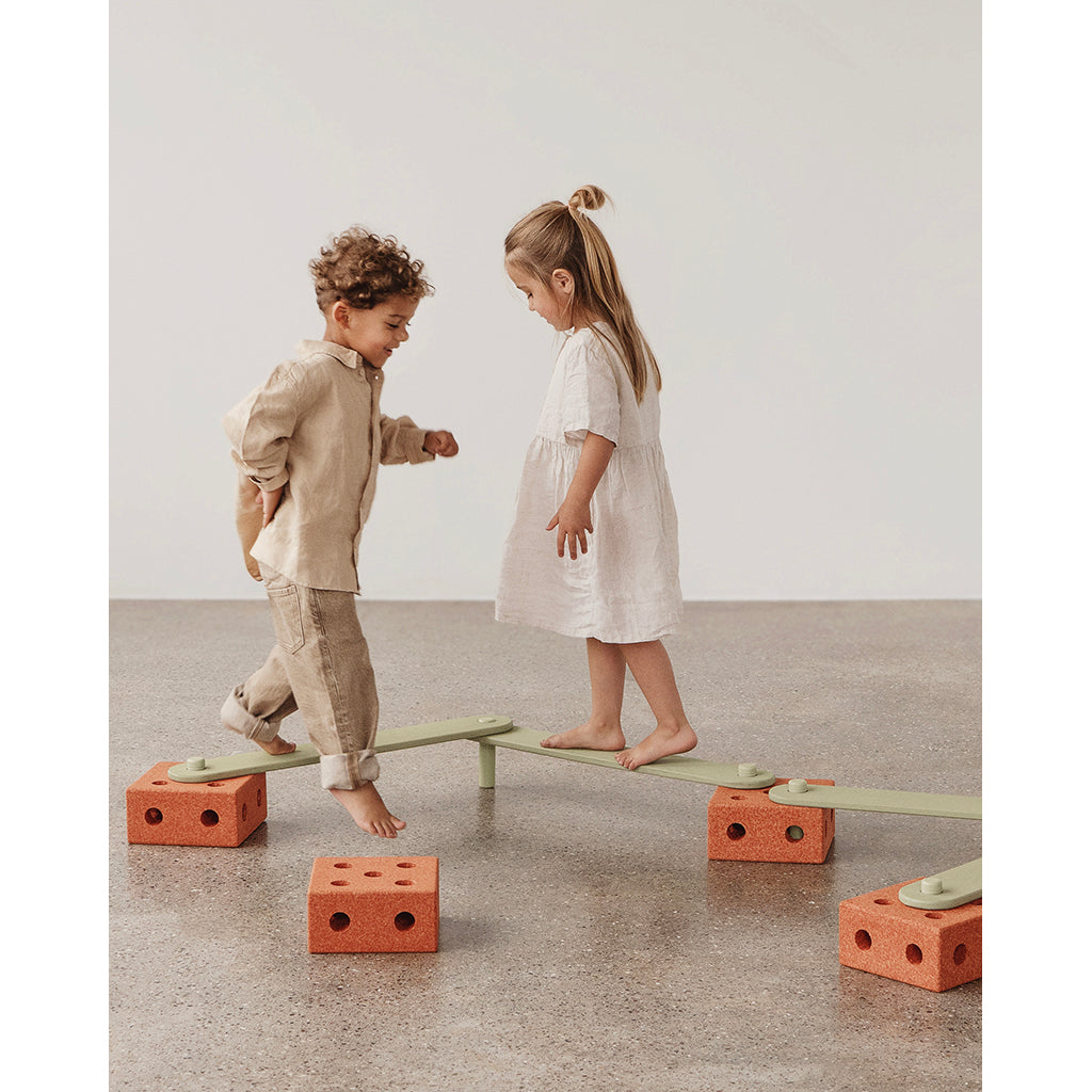 Modu Balance Track, Wooden Balance Path with Foam Blocks – Activity Toy – Burnt Orange / Dusty Green