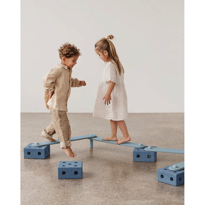 Modu Balance Track, Wooden Balance Beam with Foam Blocks, Activity Toy - Deep Blue / Sky Blue