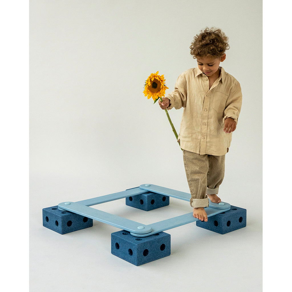 Modu Balance Track, Wooden Balance Beam with Foam Blocks, Activity Toy - Deep Blue / Sky Blue