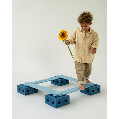 Modu Balance Track, Wooden Balance Beam with Foam Blocks, Activity Toy - Deep Blue / Sky Blue