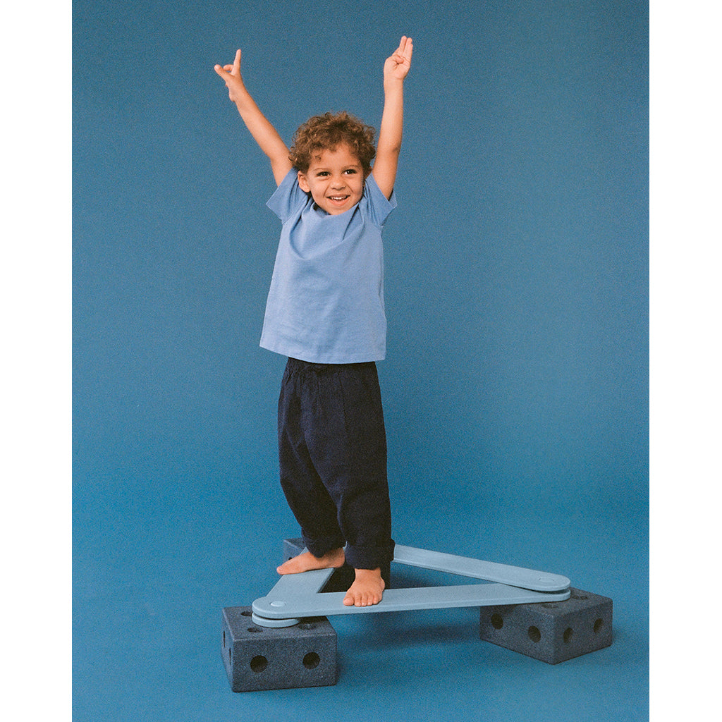 Modu Balance Track, Wooden Balance Beam with Foam Blocks, Activity Toy - Deep Blue / Sky Blue