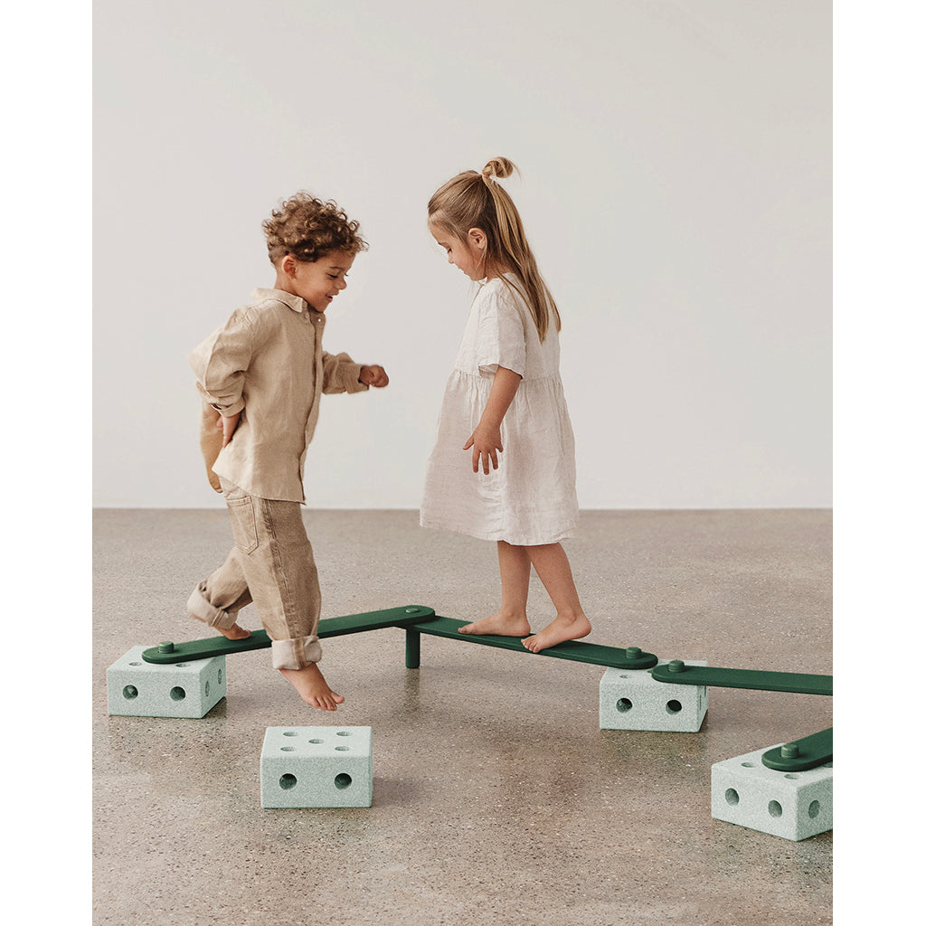 Modu Balance Track, Wooden Balance Beam with Foam Blocks, Activity Toy - Ocean Mint / Forest Green