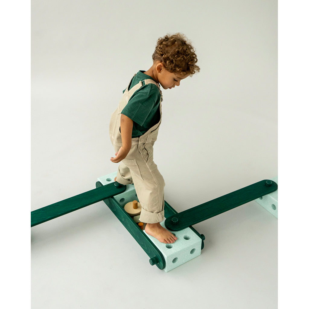Modu Balance Track, Wooden Balance Beam with Foam Blocks, Activity Toy - Ocean Mint / Forest Green