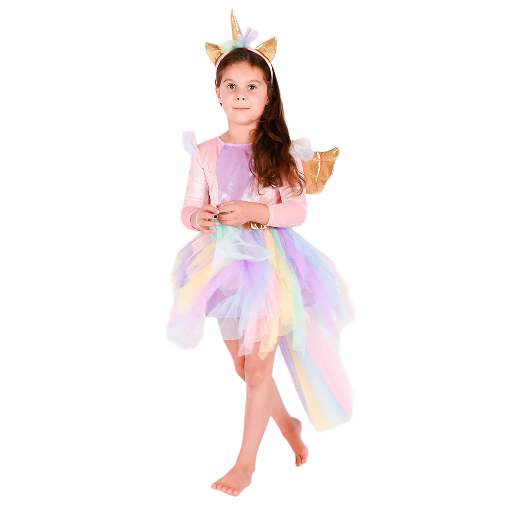 Den Goda Fen Unicorn Dress and Tiara, available in sizes 2–4 years, 4–6 years, and 6–8 years