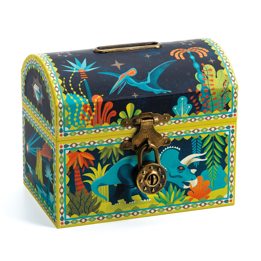 Djeco Piggy Bank, Treasure Chest with Dinosaurs and Lock