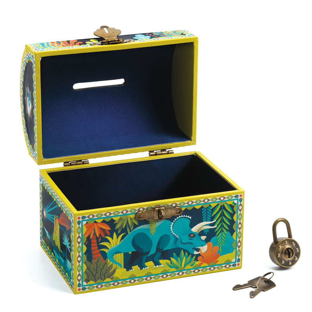 Djeco Piggy Bank, Treasure Chest with Dinosaurs and Lock