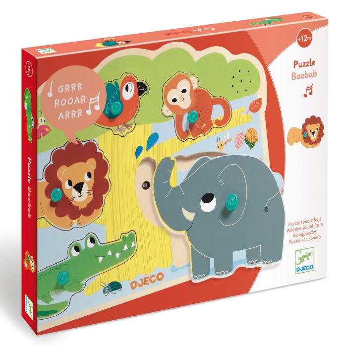 Djeco Wooden Sound Puzzle, Colorful Wild Animals