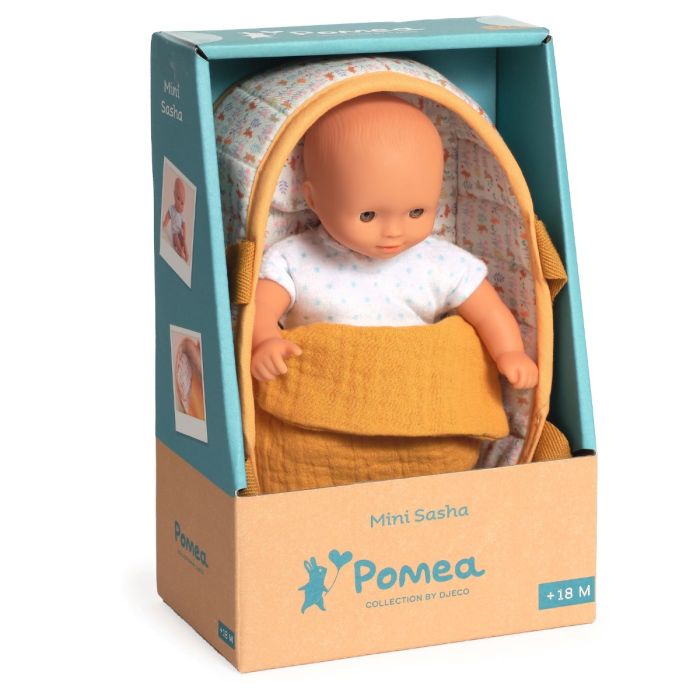 Djeco Pomea Mini Doll, Sasha in Carrycot