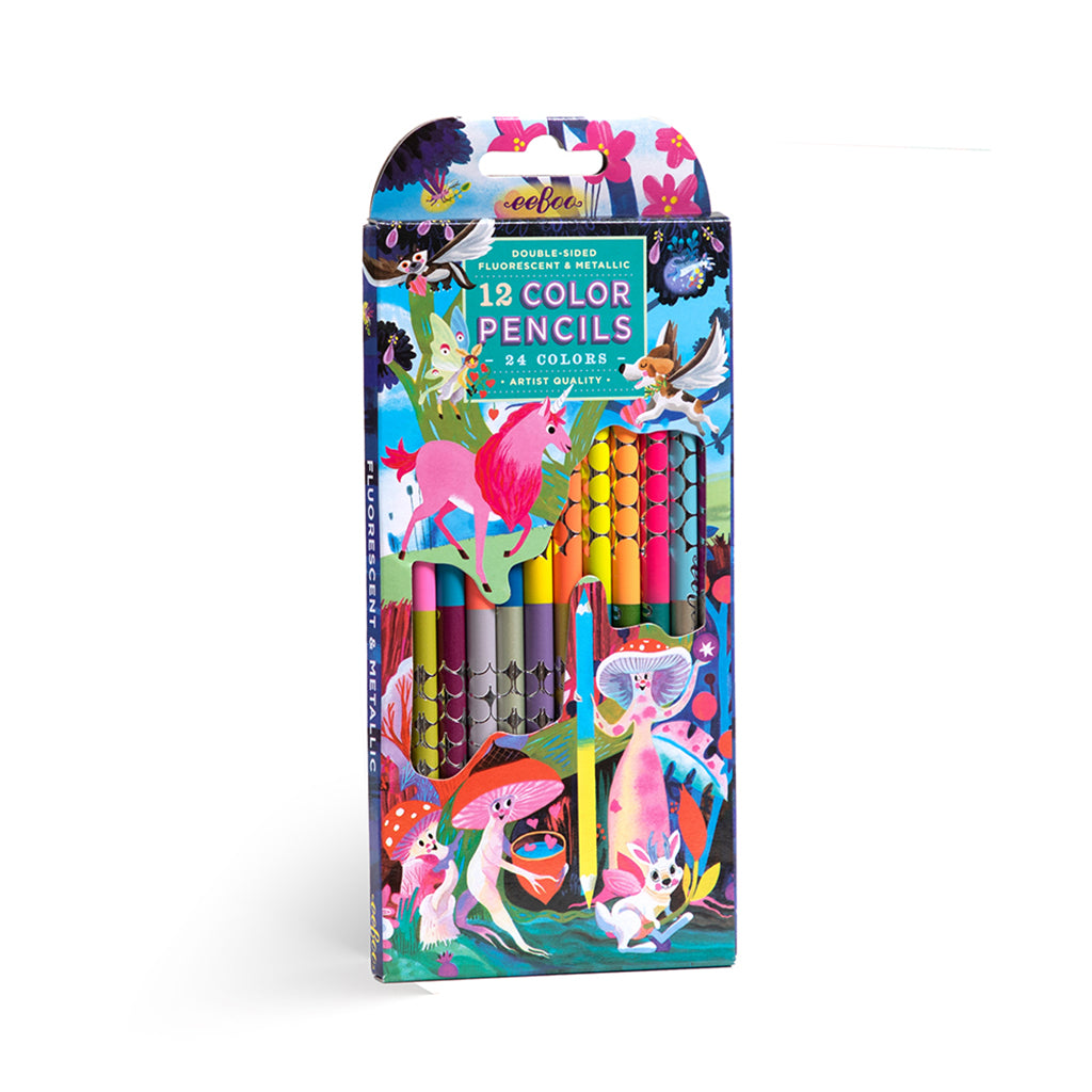 eeBoo 12 Double-Ended Colour Pencils, Neon Metallic – Magical Creatures