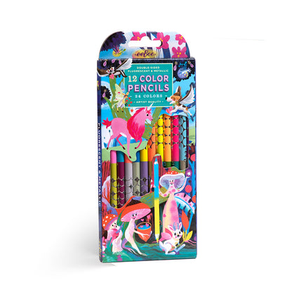 eeBoo 12 Double-Ended Colour Pencils, Neon Metallic – Magical Creatures
