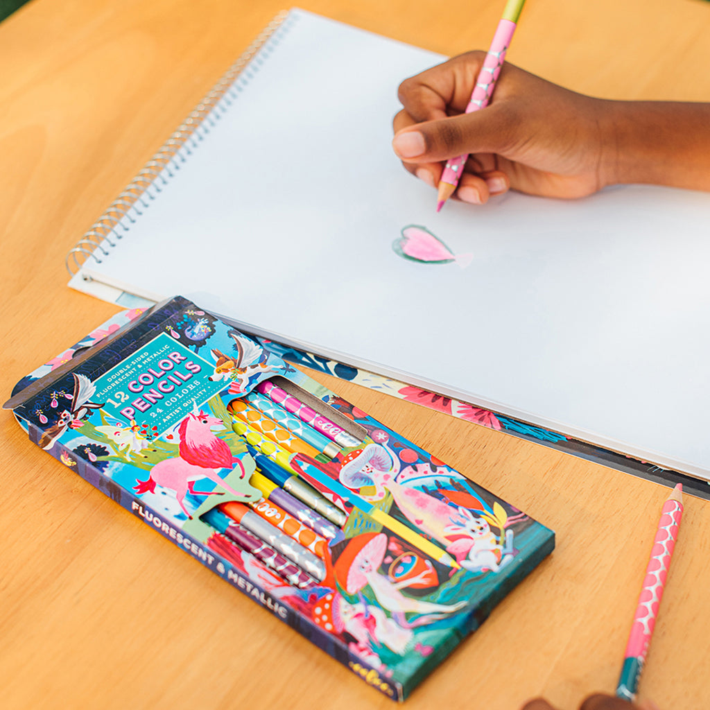 eeBoo 12 Double-Ended Colour Pencils, Neon Metallic – Magical Creatures