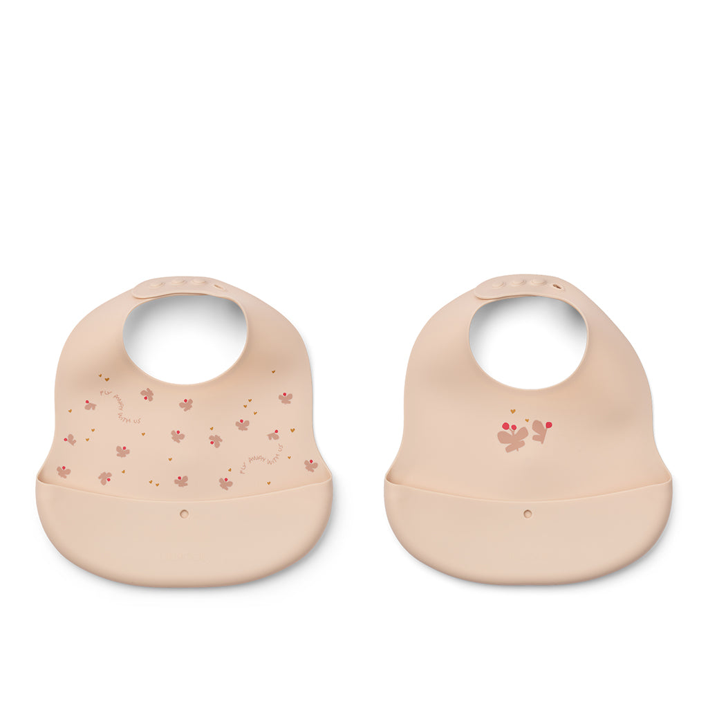 Liewood 2-pak hagesmæk i silikone m. lomme, Mini butterfly/apple blossom